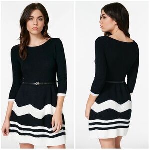 [Sweaterdress] Black White Chevron Fit & Flare Sweater Dress with Belt